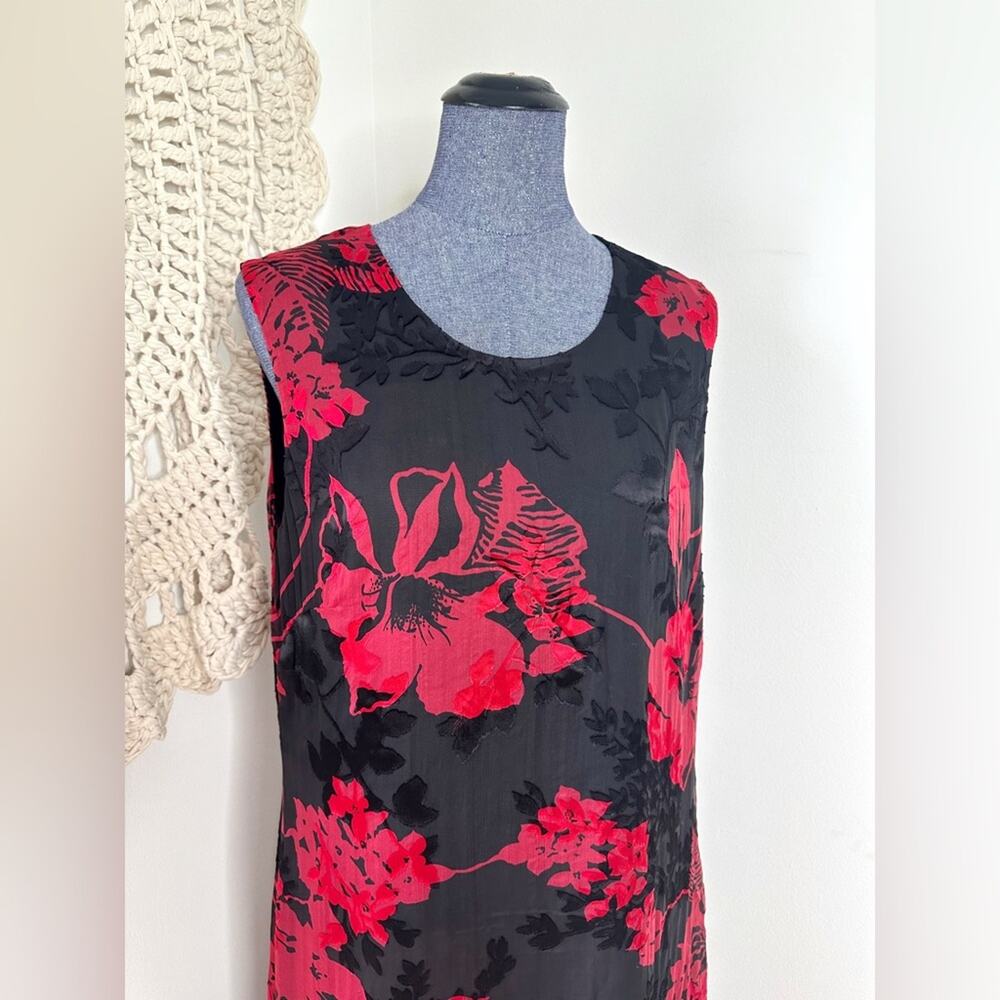 Vintage Whimsygoth Black and Red Floral Maxi Silk Blend Burnout Velvet Dress 16 - Picture 3 of 6